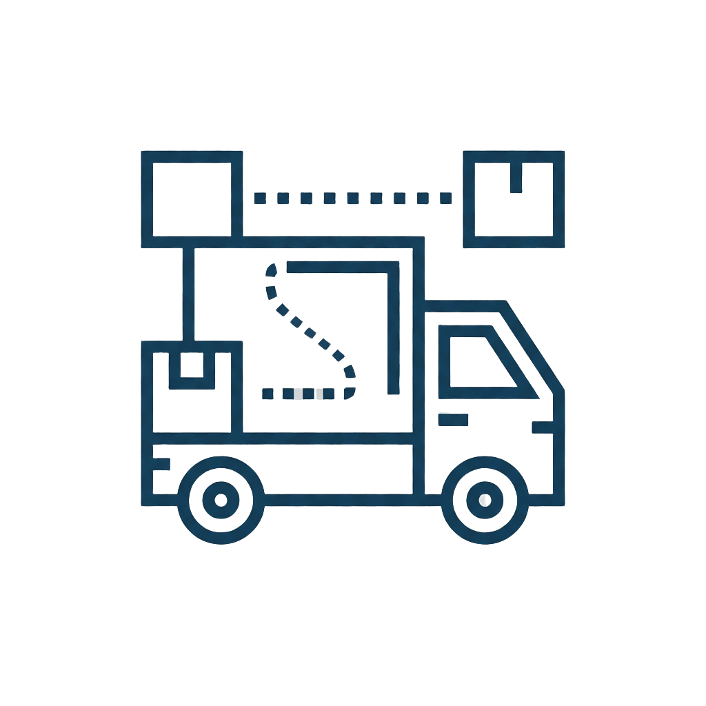 Icon of a delivery truck with connected packages representing supply chain logistics.