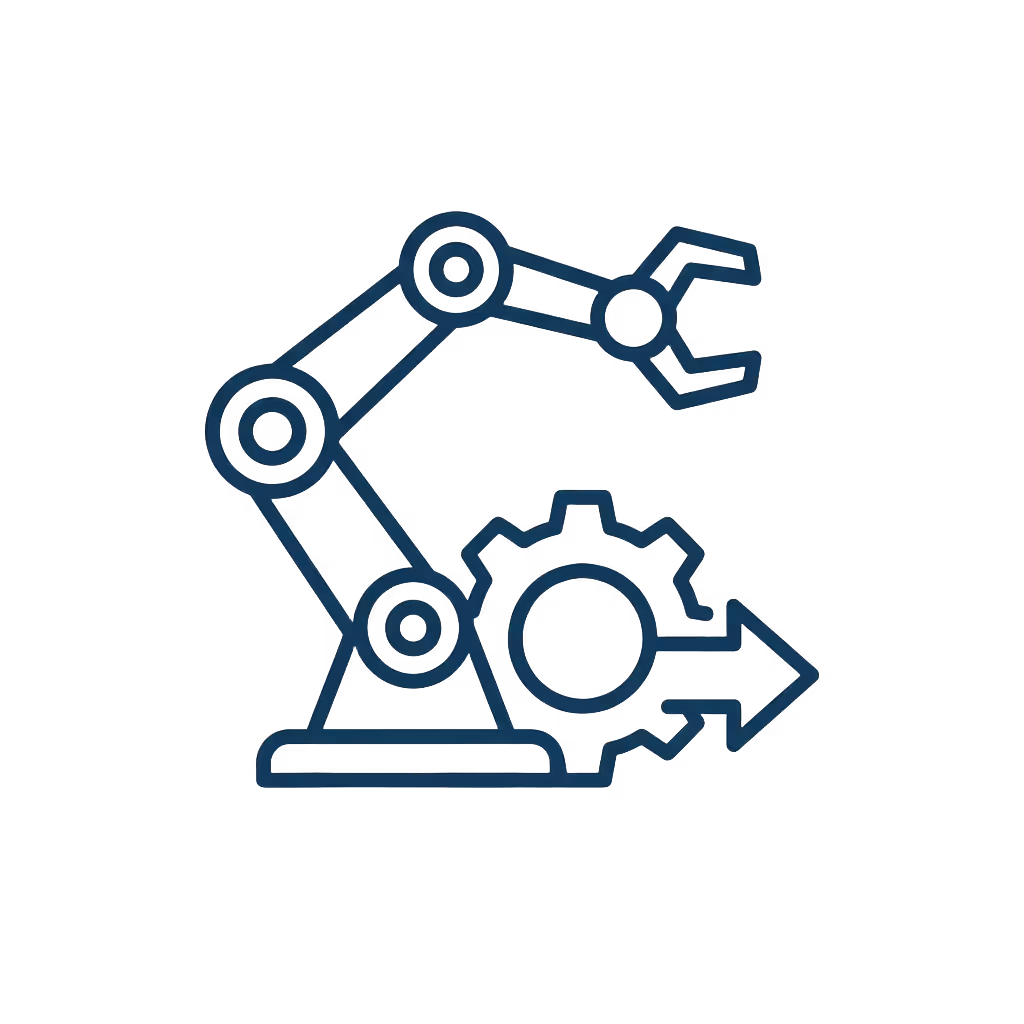 Icon of a robotic arm next to a gear with a right-pointing arrow, symbolizing automation and smart manufacturing.