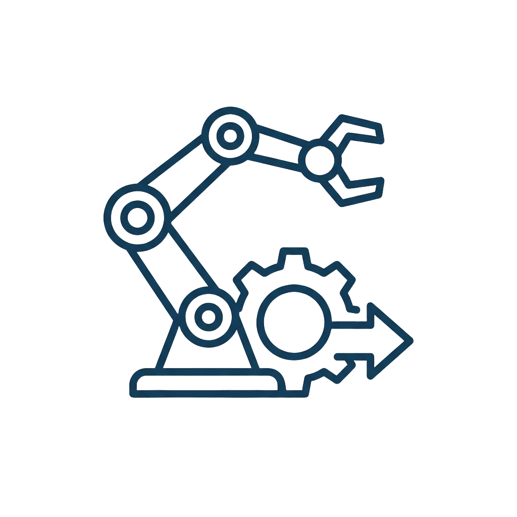 Icon of a robotic arm next to a gear with a right-pointing arrow, symbolizing automation and smart manufacturing.
