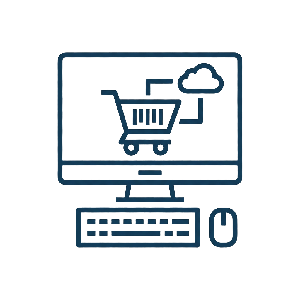 Icon of a desktop computer with a shopping cart and cloud symbol on the screen, accompanied by a keyboard and mouse.