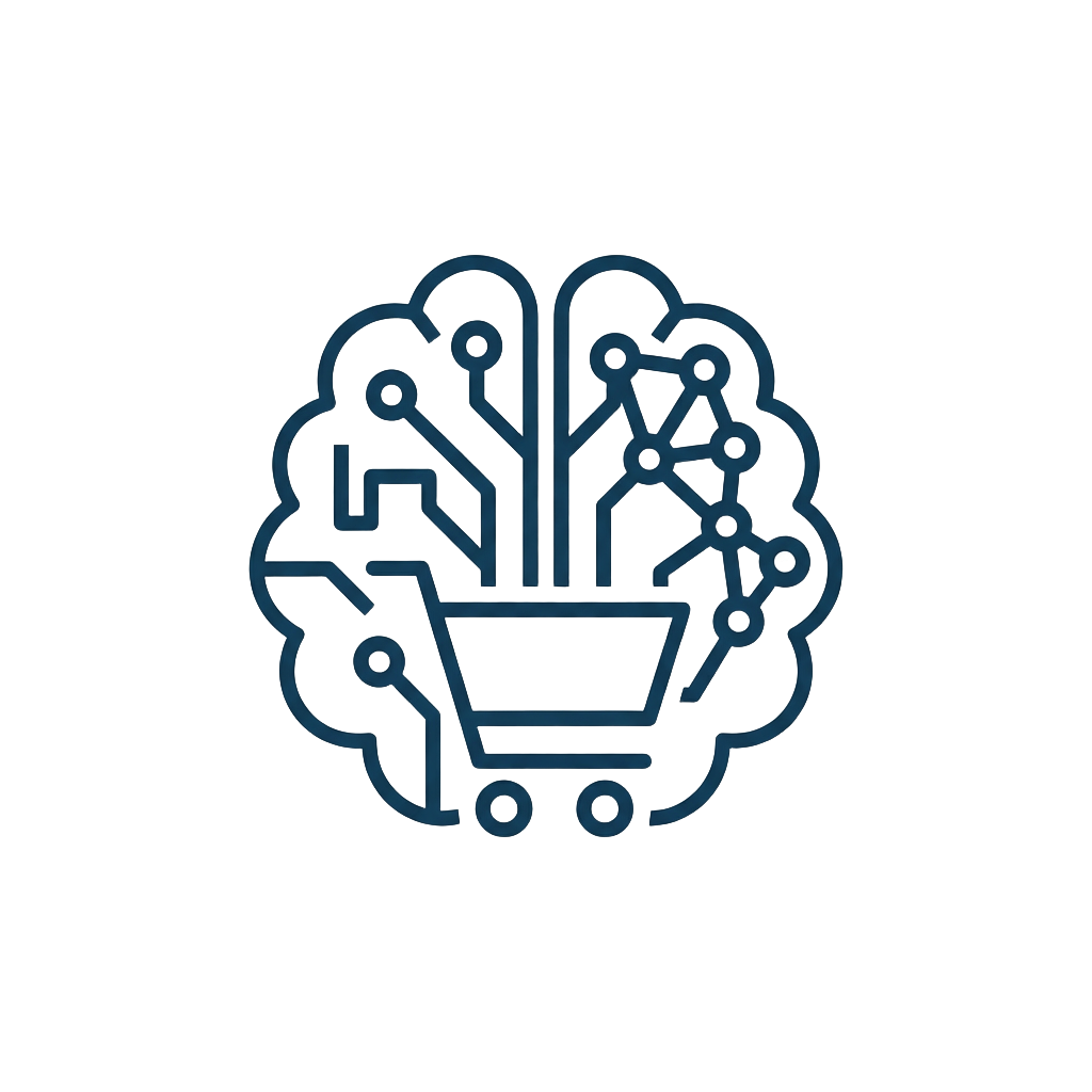 Shopping cart icon integrated with a digital brain circuit pattern representing AI in e-commerce.