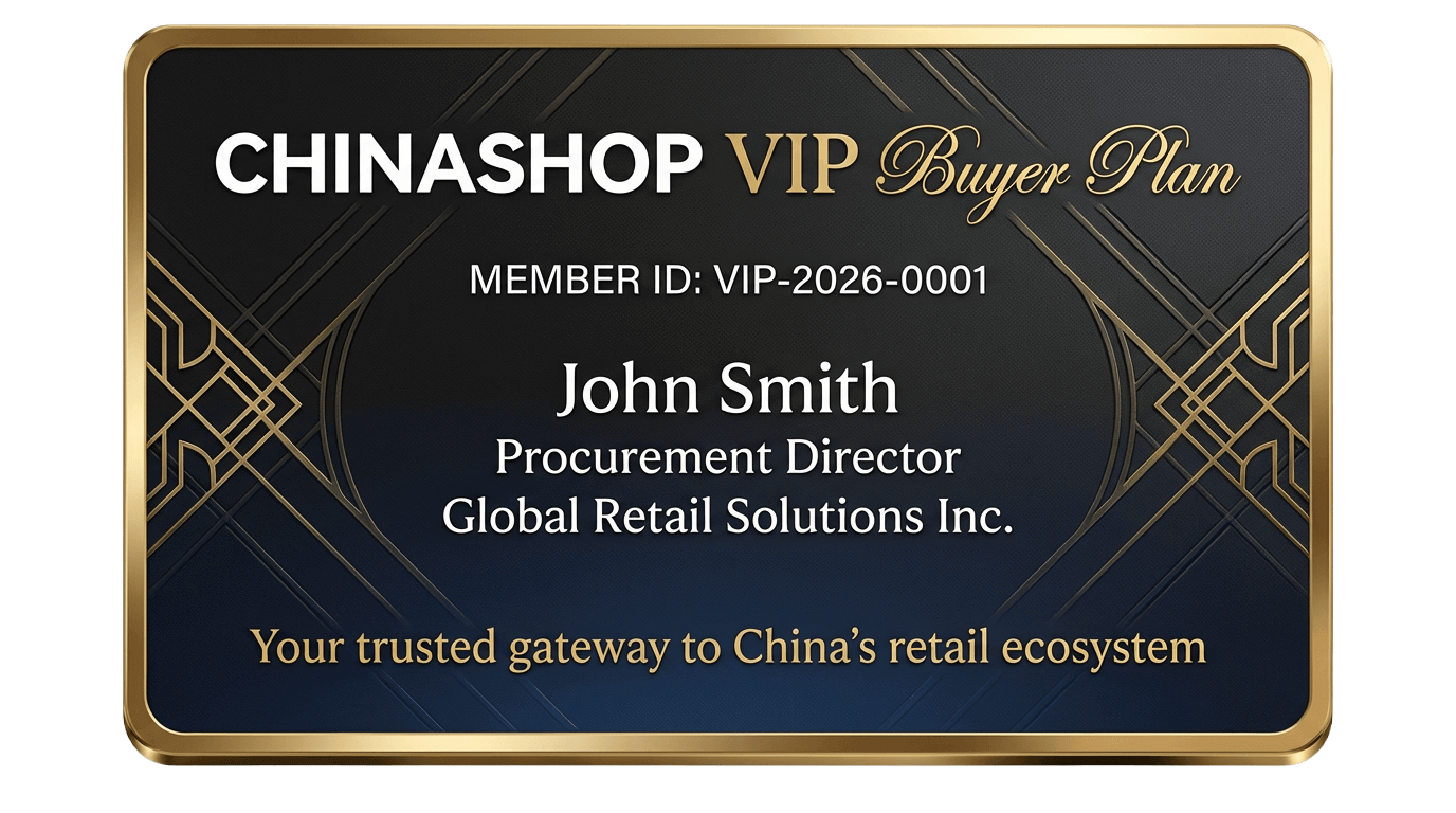 ChinaShop VIP Buyer Plan card for John Smith, Procurement Director at Global Retail Solutions Inc., member ID VIP-2026-0001, with gold and black design.