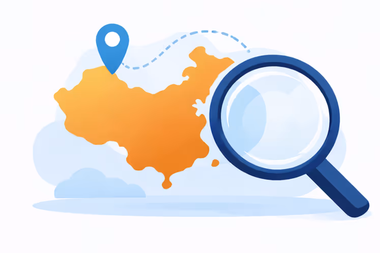 Magnifying glass focusing on a map of China with a blue location marker.
