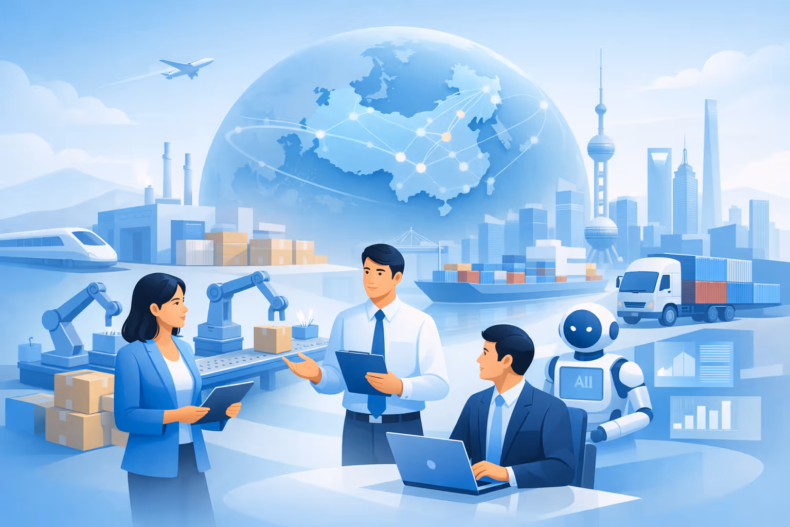 Business professionals and a robot discussing logistics and supply chain management with factories, transport vehicles, and a connected world map in the background.