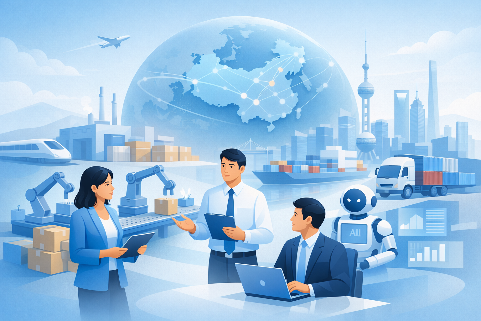 Business professionals and a robot discussing logistics and supply chain management with factories, transport vehicles, and a connected world map in the background.