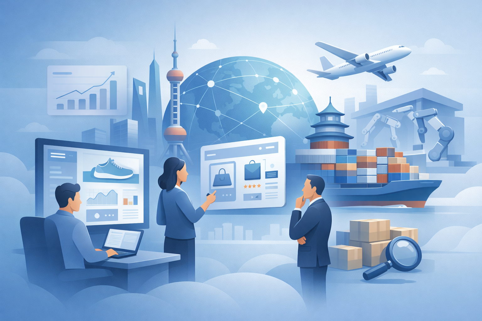 Business professionals analyzing e-commerce data and global trade logistics with an airplane, cargo ship, shipping containers, robotic arms, and a globe in the background.