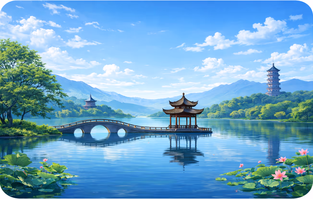 Traditional Chinese pavilion on a lake connected by arched bridge, surrounded by lotus flowers, trees, and distant mountains under a blue sky.