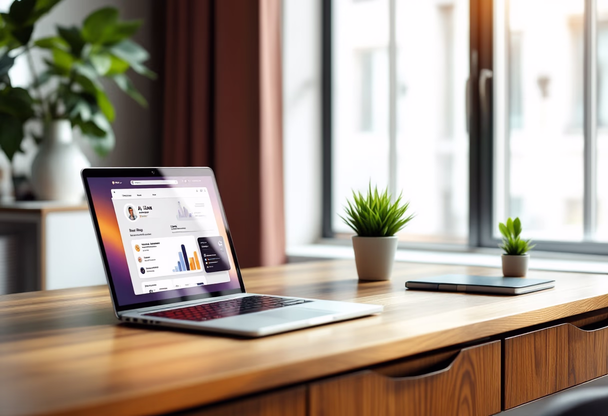 a work desk with a laptop and documents (for an ai legal tech company)