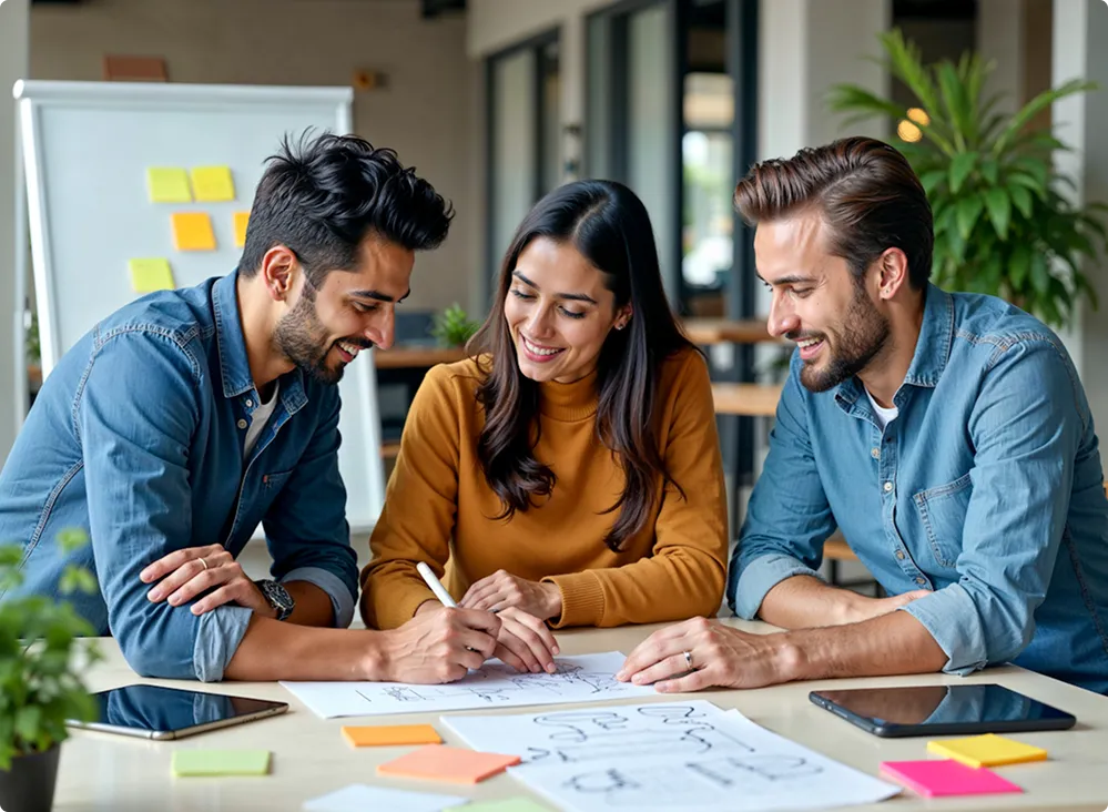 Launchist team members meeting and working together at a desk 