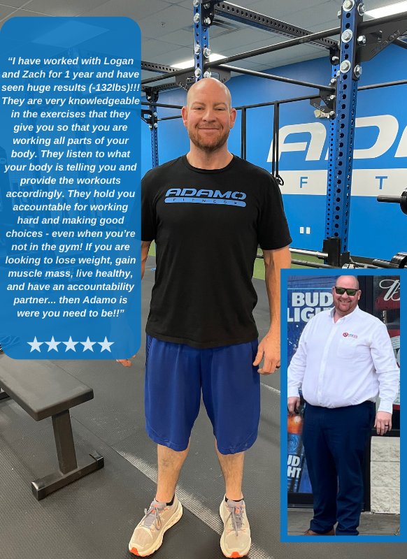 Man in black Adamo Fitness t-shirt and blue shorts stands smiling inside a gym, beside a photo inset showing the same man heavier wearing sunglasses and a white dress shirt, accompanied by a testimonial about weight loss of 132 lbs and fitness accountability.