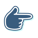 Cartoon hand with index finger pointing to the right with a blue outline.