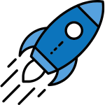 Blue rocket icon with white fins and window.