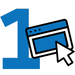 Large blue number one with a browser window icon and a white cursor arrow.