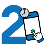 Large blue number 2 with a small clock and a hand pressing a green button on a smartphone screen.