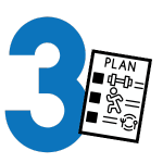 Large blue number 3 with a checklist marked PLAN showing icons of weights, running person, and target.