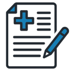 Icon of a document with a blue medical cross and lines of text, accompanied by a blue pen.
