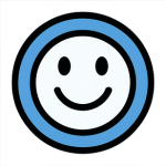 Blue circular smiley face icon with black outline and simple black eyes and smile.