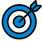 Blue and black target with an arrow hitting the bullseye.