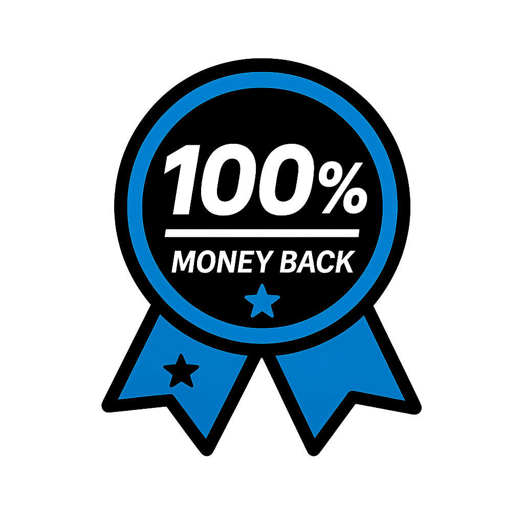 Blue and black badge with white text reading 100% Money Back and two blue ribbons with star cutouts.