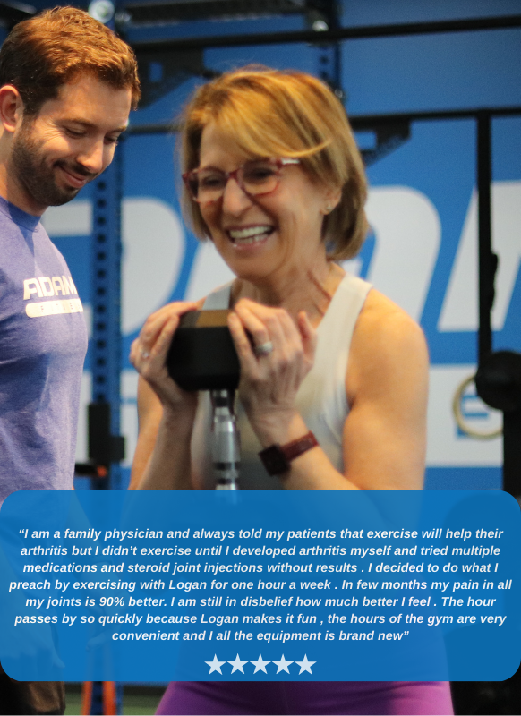 Smiling man in his 50's wearing a blue Adamo fitness t-shirt holding dumbbells in gym with testimonial quote about progress and accountability partners.