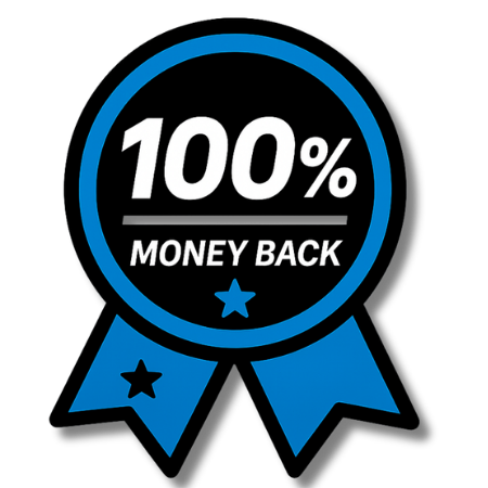 Blue and black badge with white text reading 100% Money Back and two blue ribbons with star cutouts.