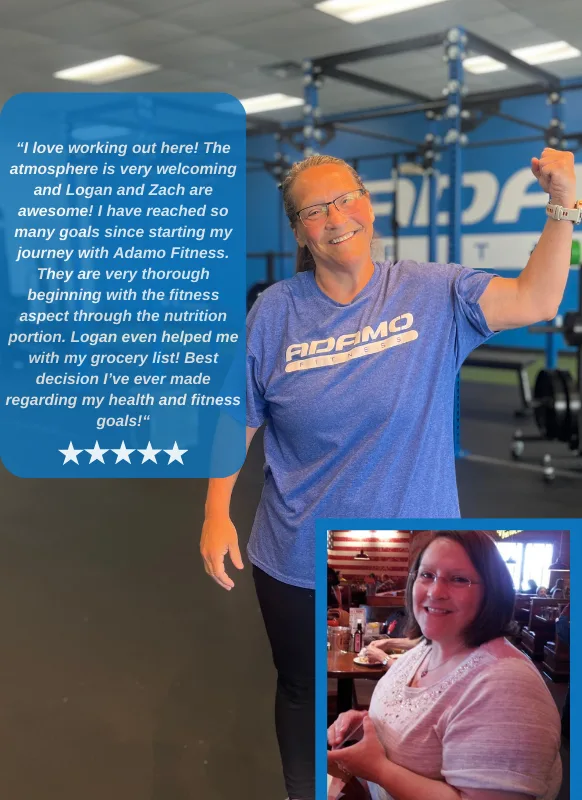 Smiling woman in her 50's wearing a blue Adamo Fitness shirt flexes arm inside a gym with workout equipment in the background, accompanied by a positive testimonial text box.