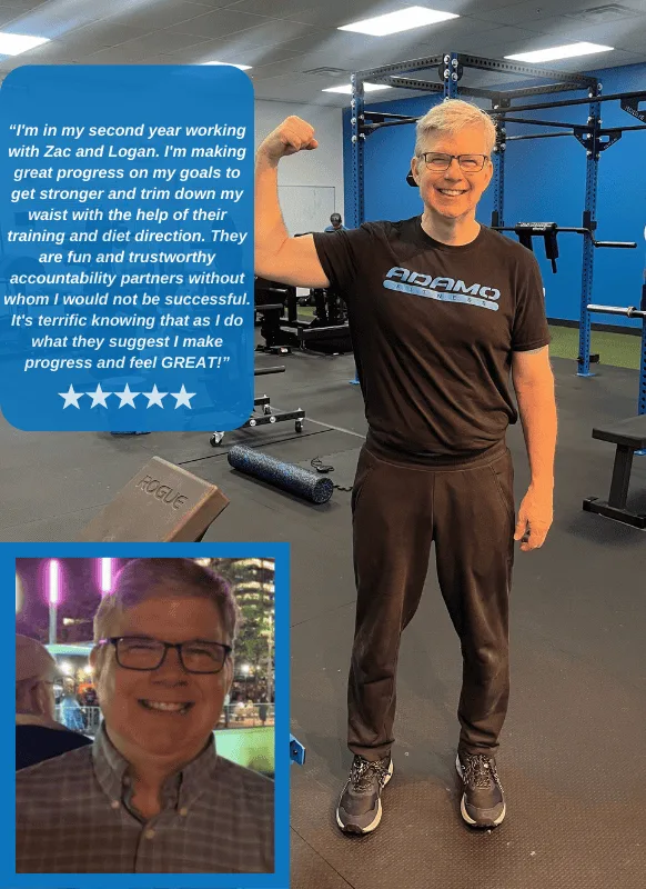 Smiling woman in her 50's wearing a blue Adamo Fitness shirt flexes arm inside a gym with workout equipment in the background, accompanied by a positive testimonial text box.