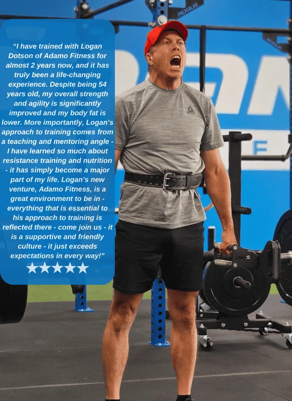 Man in his 50's wearing a gray shirt and red cap lifting weights with a testimonial about Logan Dotson and Adamo Fitness overlayed on the left side.