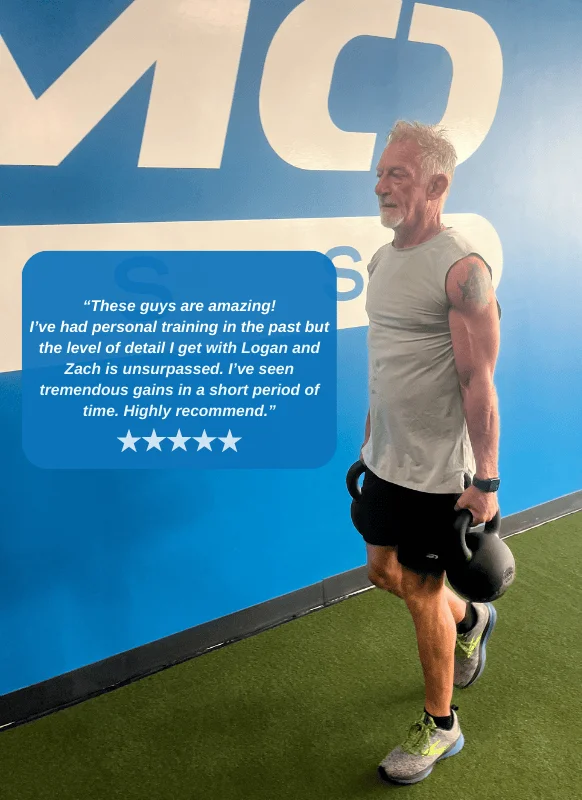 Man in his 50's wearing a gray shirt and red cap lifting weights with a testimonial about Logan Dotson and Adamo Fitness overlayed on the left side.