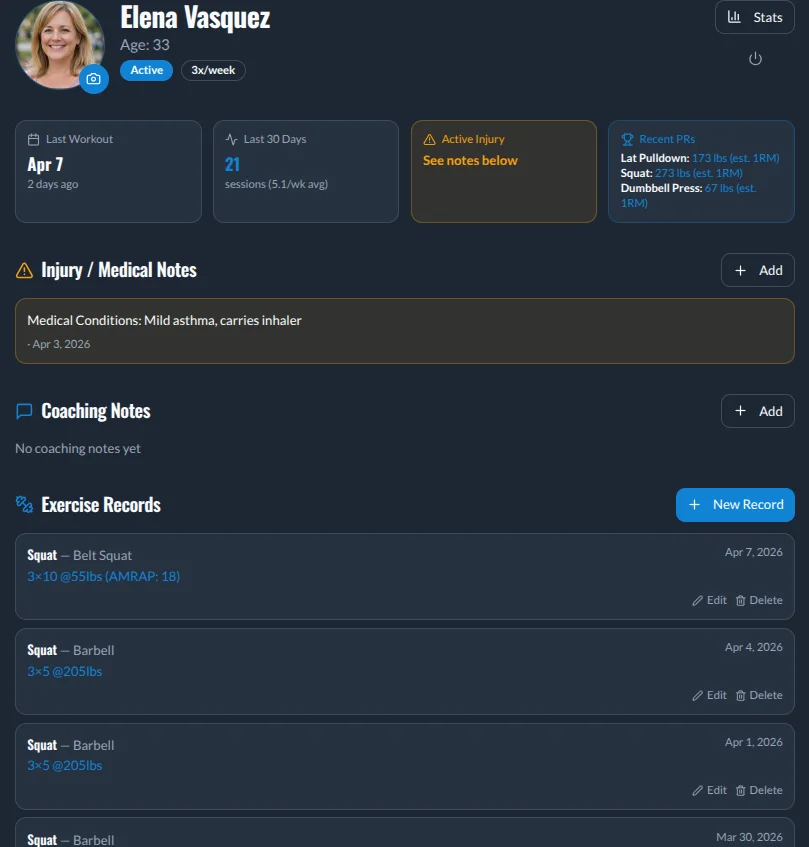Progress Tracker app profile view for Adamo Fitness members