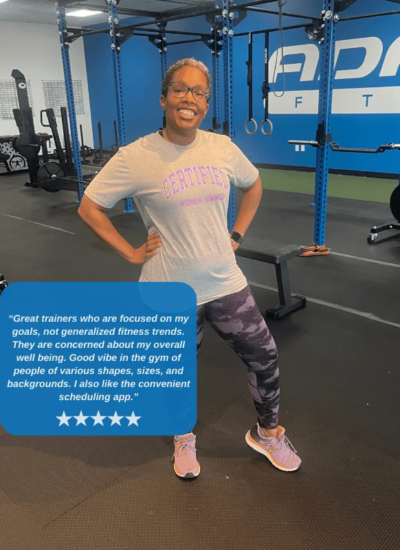 Man in his 50's wearing a gray shirt and red cap lifting weights with a testimonial about Logan Dotson and Adamo Fitness overlayed on the left side.