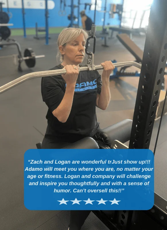 Man in his 50's wearing a gray shirt and red cap lifting weights with a testimonial about Logan Dotson and Adamo Fitness overlayed on the left side.