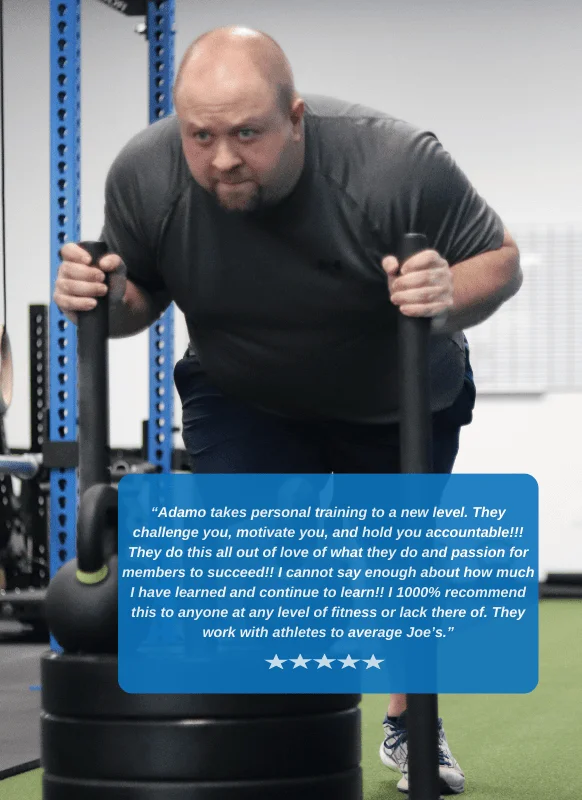 Man in his 50's wearing a gray shirt and red cap lifting weights with a testimonial about Logan Dotson and Adamo Fitness overlayed on the left side.