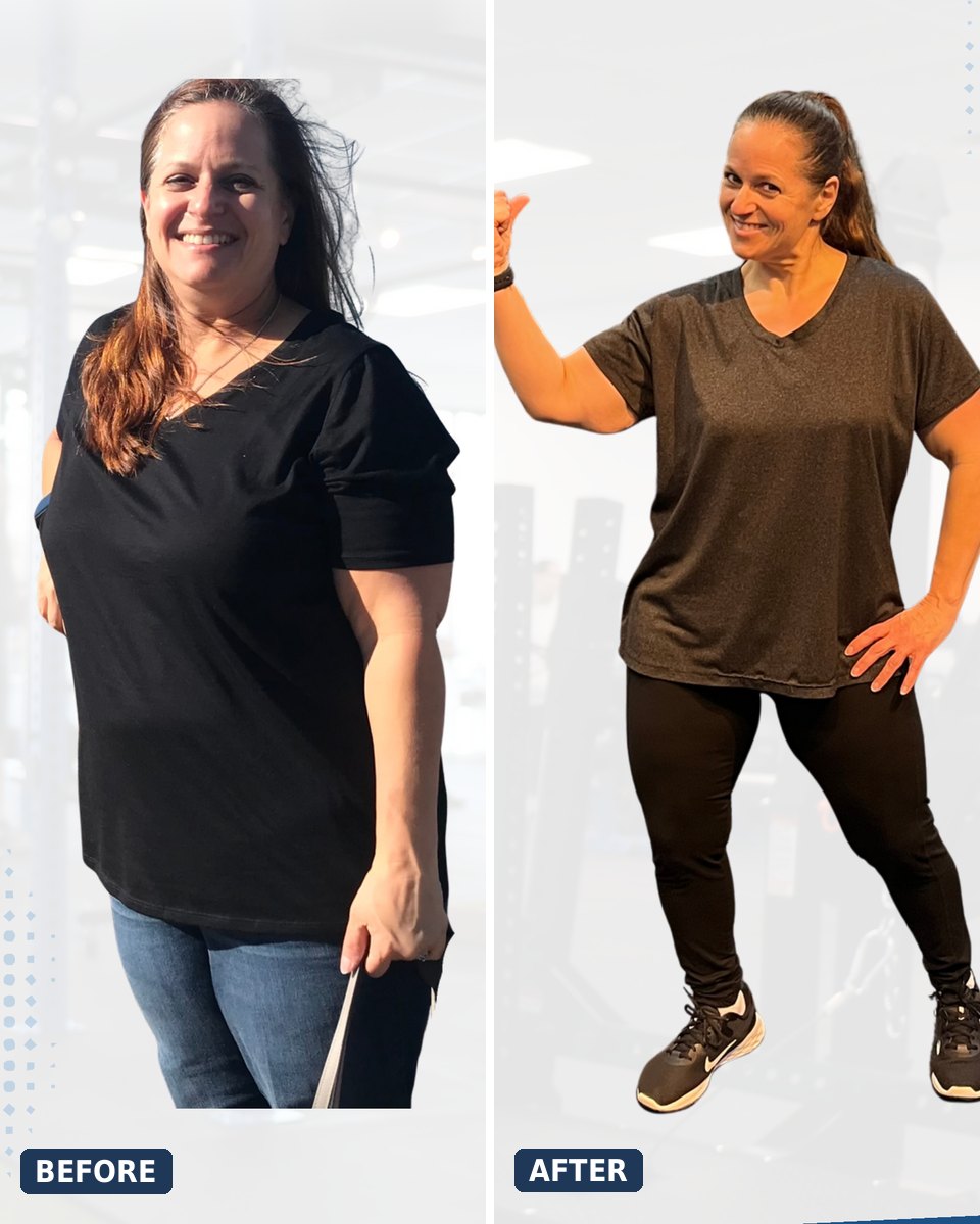 Jen before and after losing 50 pounds at Adamo Fitness
