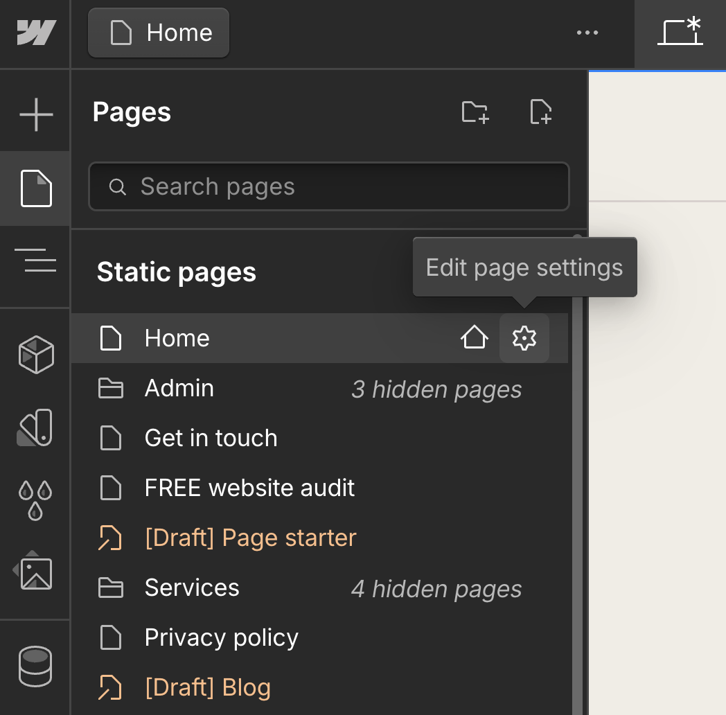 Webflow page settings