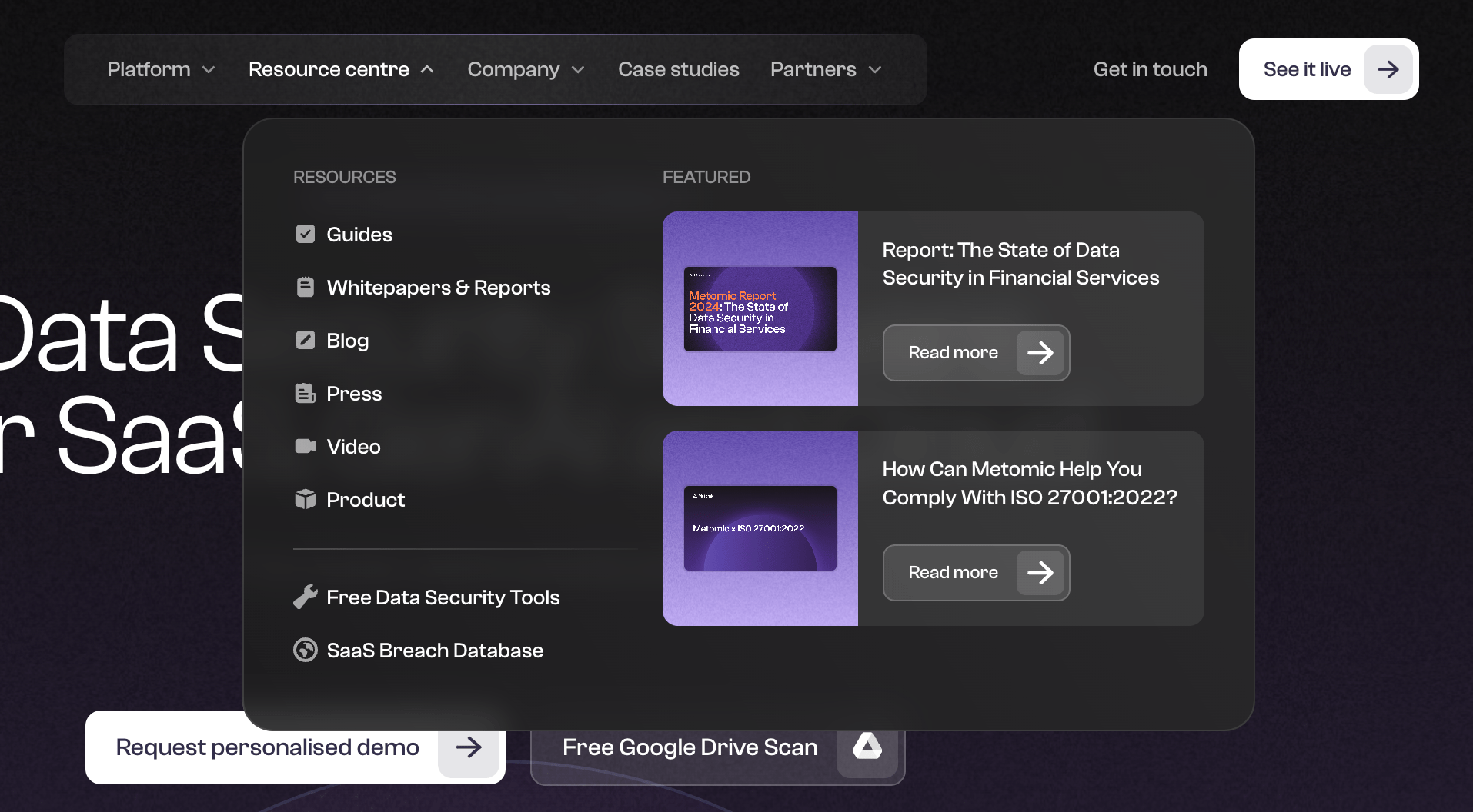 Metomic Resource Centre Dropdown Screenshot