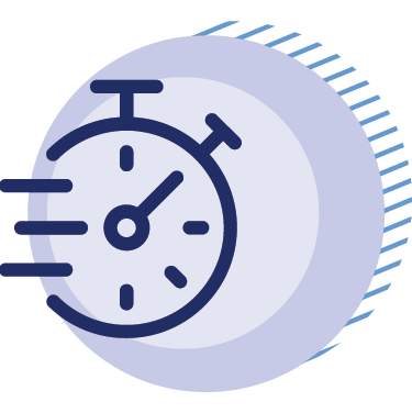 Stopwatch icon with motion lines on a blue circular background, symbolizing speed or quick timing.