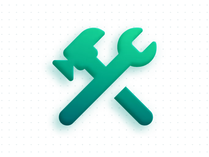 Grünes Symbol eines gekreuzten Schraubenschlüssels und Hammers auf Hintergrund mit Punktmuster.