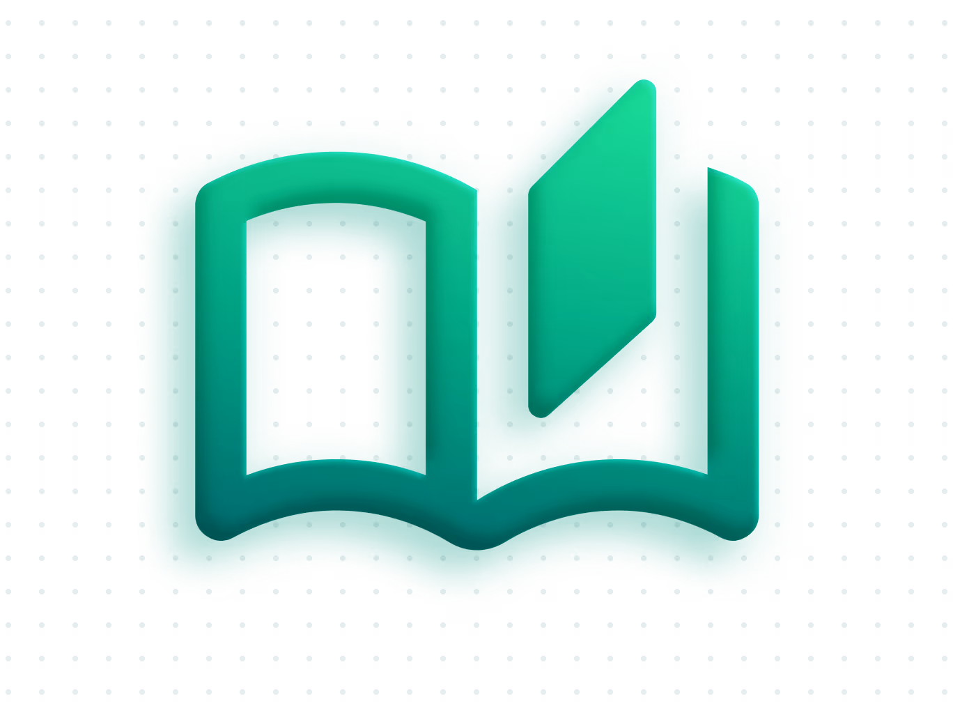 Grünes stilisiertes geöffnetes Buchsymbol auf Hintergrund mit Punktmuster.