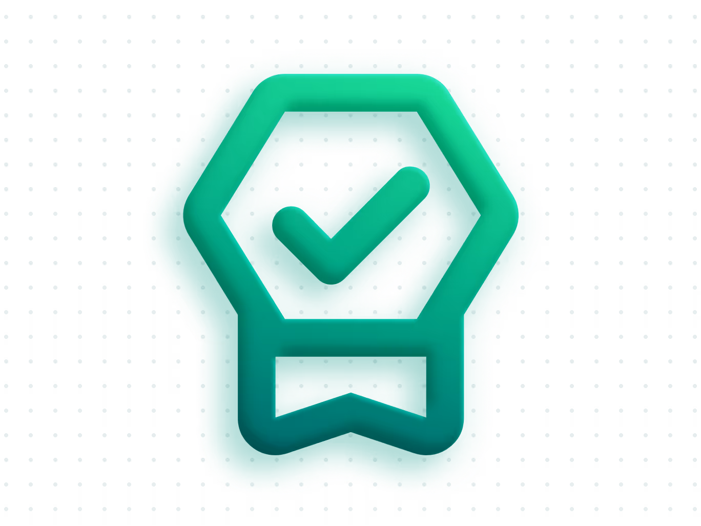 Grünes Siegel mit Häkchen als Symbol für Qualitätssicherung auf Hintergrund mit Punktmuster.