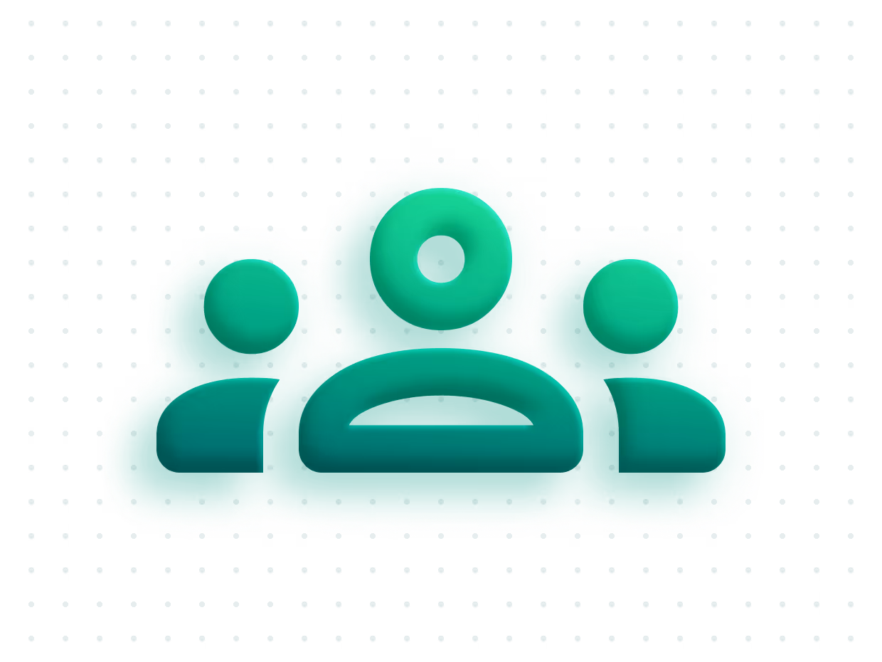 Grünes Symbol einer Gruppe mit drei Personen, abstrakt und stilisiert dargestellt, auf Hintergrund mit Punktmuster.