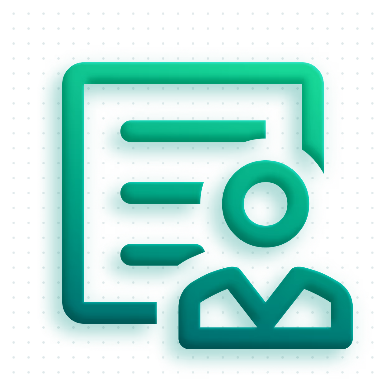 Icône verte d'un document avec des éléments de liste et une figure d'utilisateur sur fond avec un motif de points.