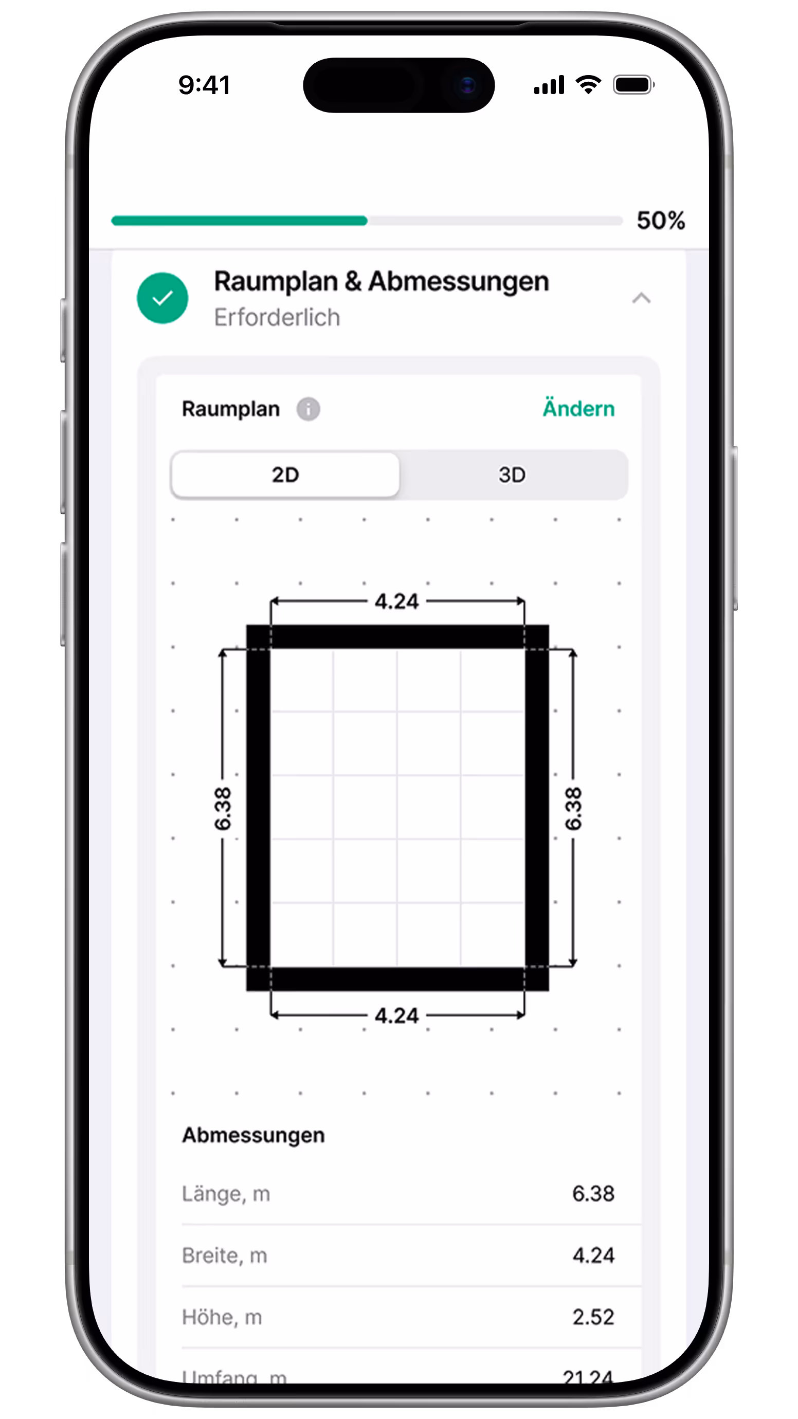 Ipex Wasserschaden-App zeigt einen 2D-Raumplan mit den Massen 4,24 Meter Breite und 6,38 Meter Länge und listet Länge, Breite, Höhe und Umfang in Metern auf.
