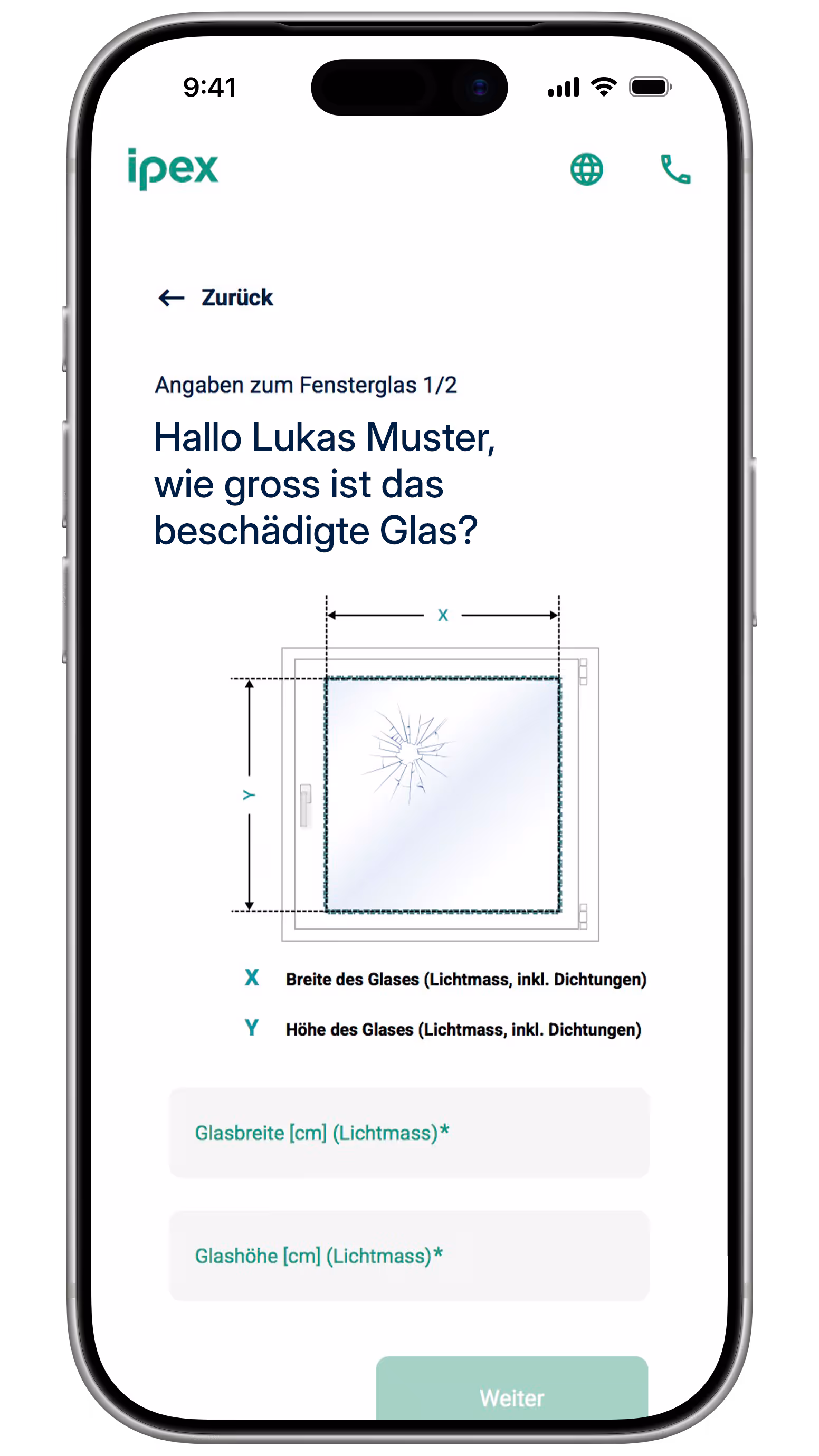Smartphone zeigt eine Fensterschaden-App-Seite mit dem Titel zur Eingabe der Grösse des beschädigten Fensterglases, einschliesslich Diagramm eines Fensters mit Glasbruch und Eingabefeldern für Glasbreite und Glashöhe in Zentimetern.
