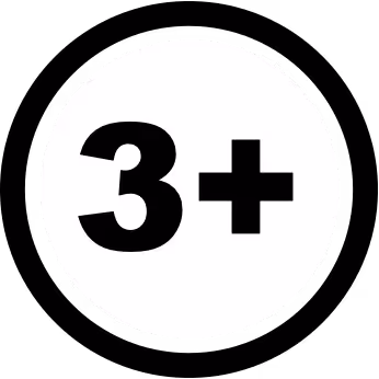 White circle with bold black text '3+' inside.