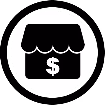 Black storefront icon with a dollar sign inside a white circle.