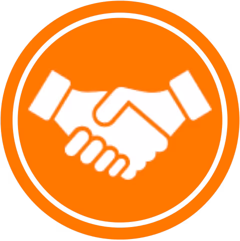 White handshake icon inside an orange circle.