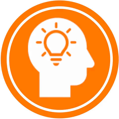 White silhouette of a human head with an illuminated light bulb inside, symbolizing innovation, on an orange circular background.