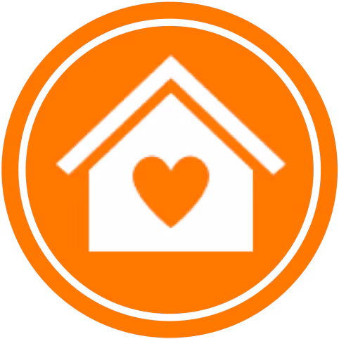 White house icon with a heart in the center inside an orange circular background.