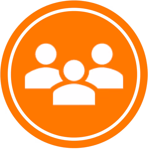 Icon of three white user silhouettes within an orange circle representing a group or community.